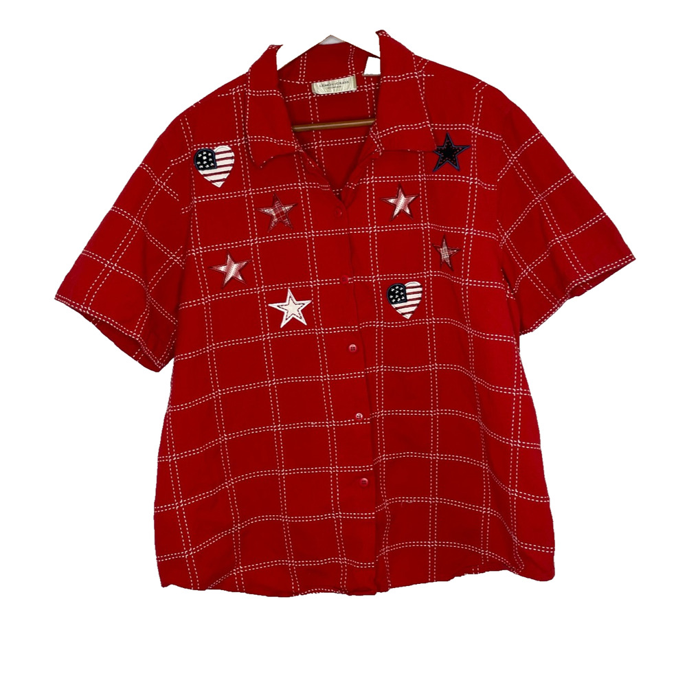 Women's 2X Lemon Grass Vtg American USA Red Grid Button Down Shirt
